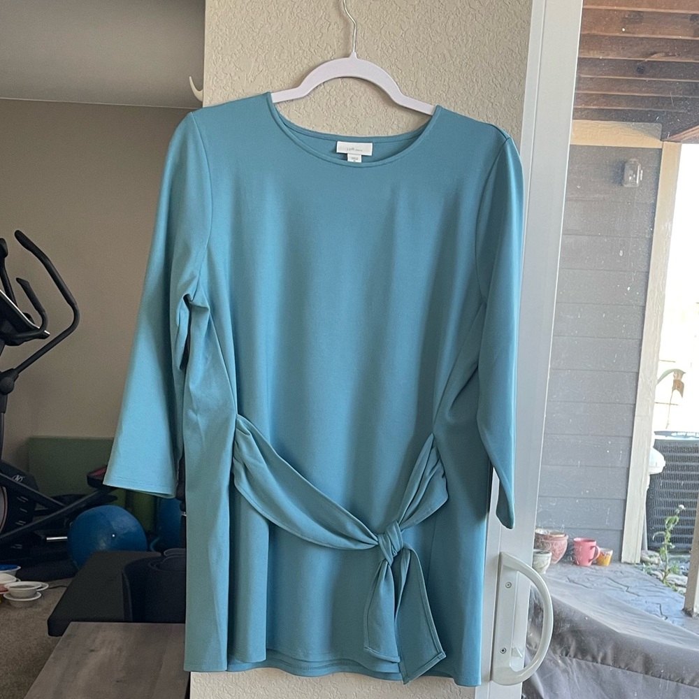 J. Jill Ponte Baby blue Knit Tie Belt 3/4 sleeve’s Tunic. Size Medium